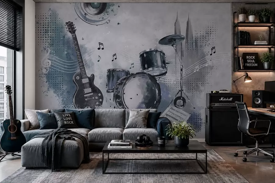 wall murals Гитара и бубњеви са музичким нотама w05546