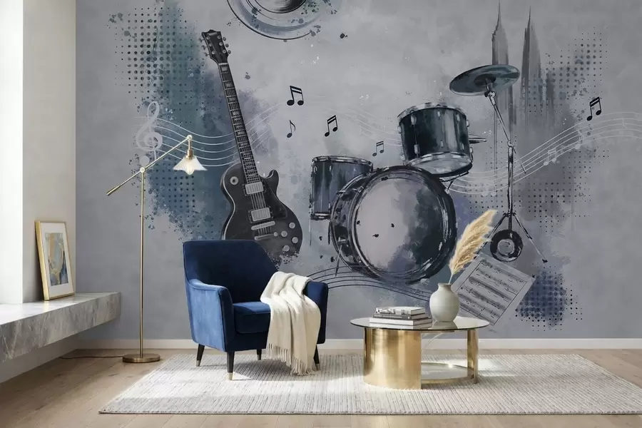 wall murals Гитара и бубњеви са музичким нотама w05546