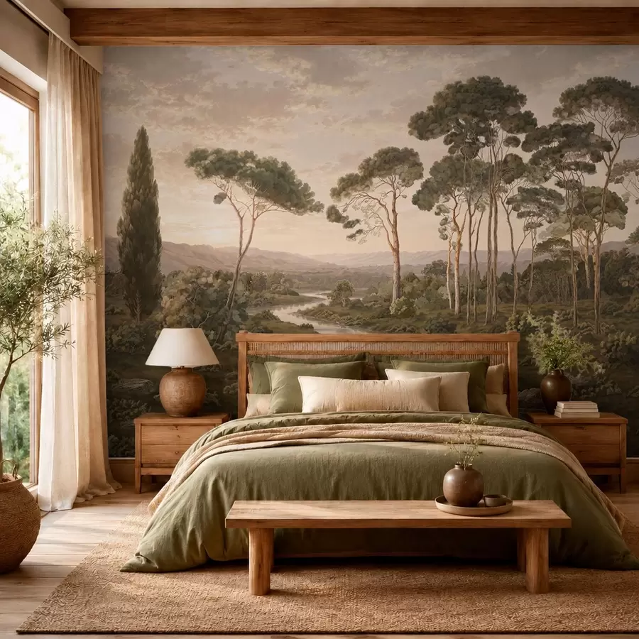 wall murals Пејзаж са реком, дрвећем и удаљеним брдима w05696