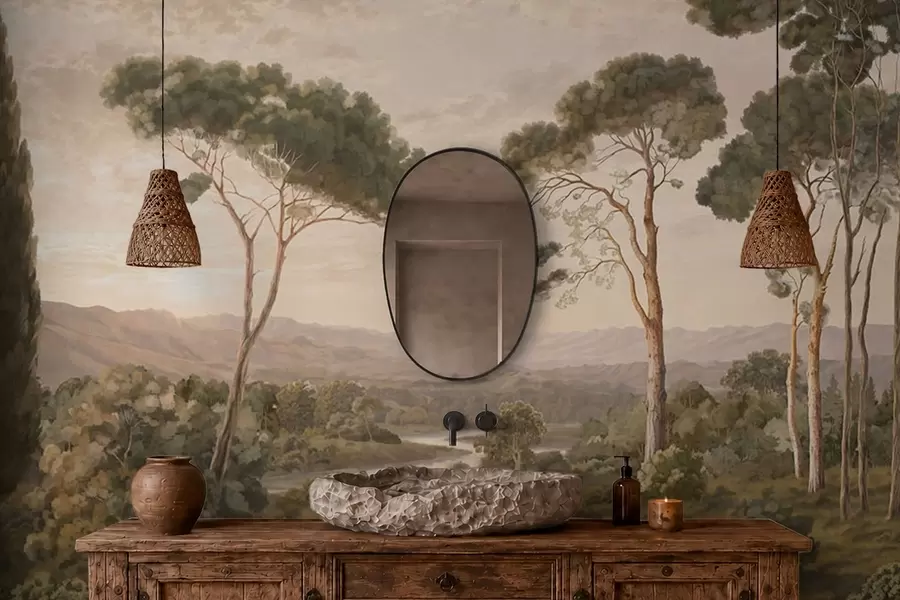 wall murals Пејзаж са реком, дрвећем и удаљеним брдима w05696
