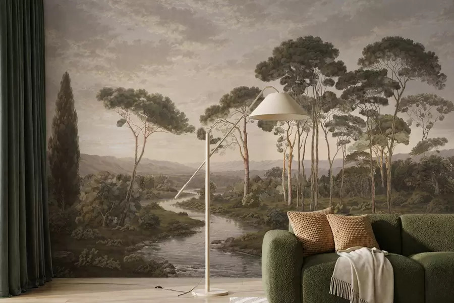 wall murals Пејзаж са реком, дрвећем и удаљеним брдима w05696