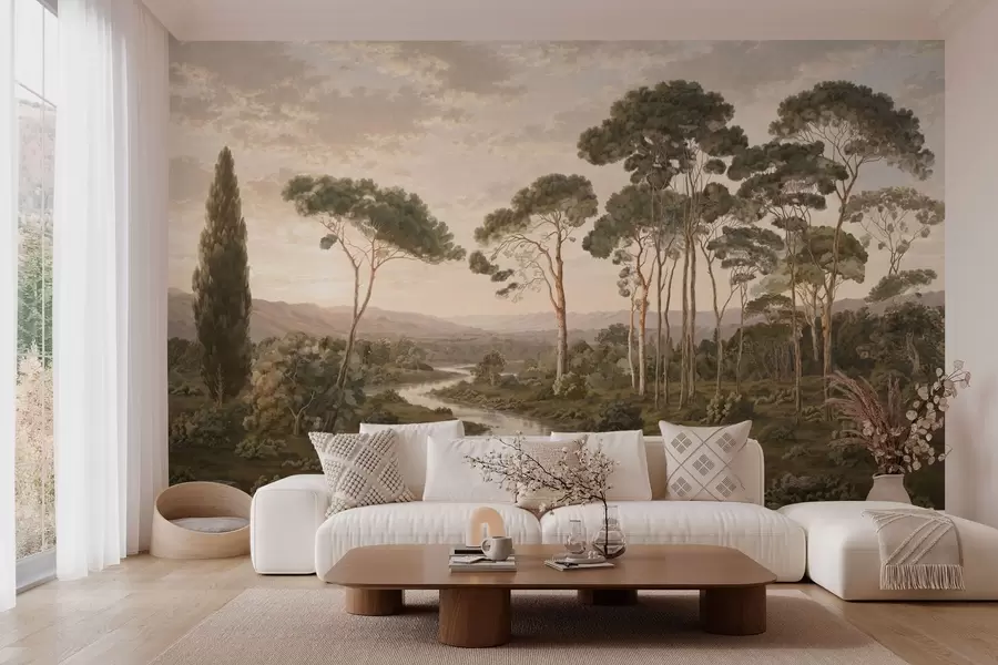 wall murals Пејзаж са реком, дрвећем и удаљеним брдима w05696