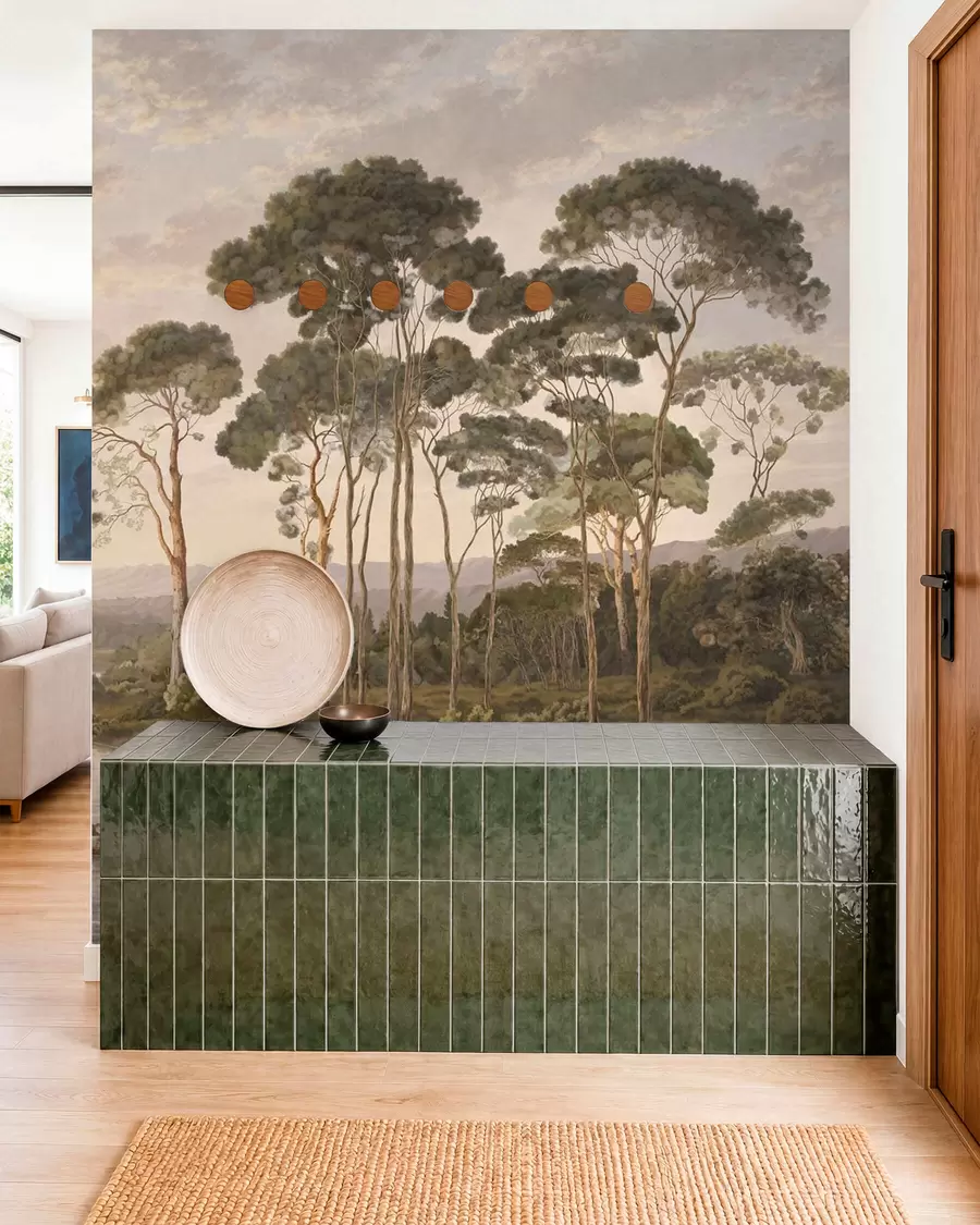 wall murals Пејзаж са реком, дрвећем и удаљеним брдима w05696