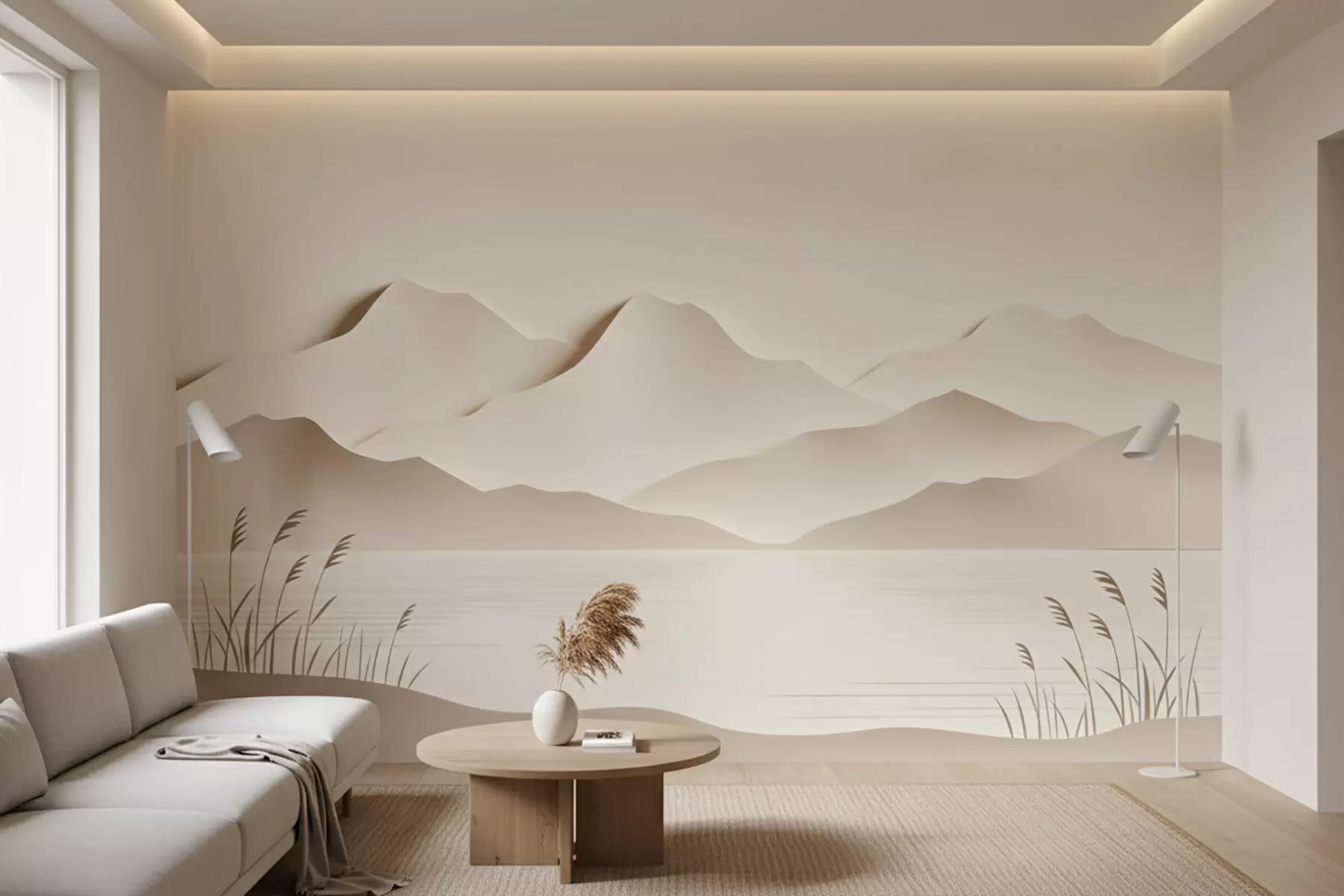 wall murals Слојевити планински пејзаж изнад мирног језера у топлој беж палети w09876