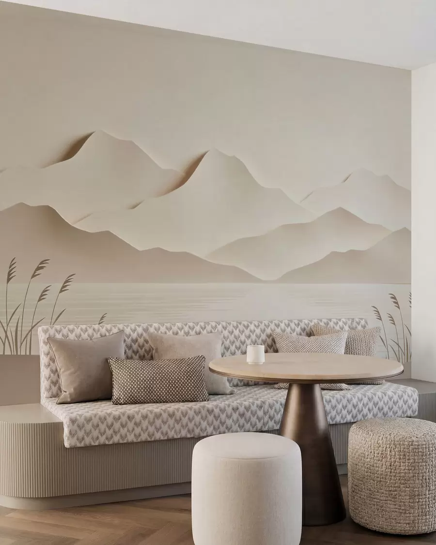 wall murals Слојевити планински пејзаж изнад мирног језера у топлој беж палети w09876