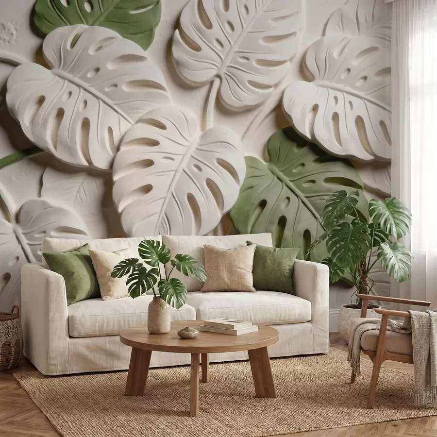 wall murals Рељефни ботанички листови монстере у крем и зеленим тоновима w09883