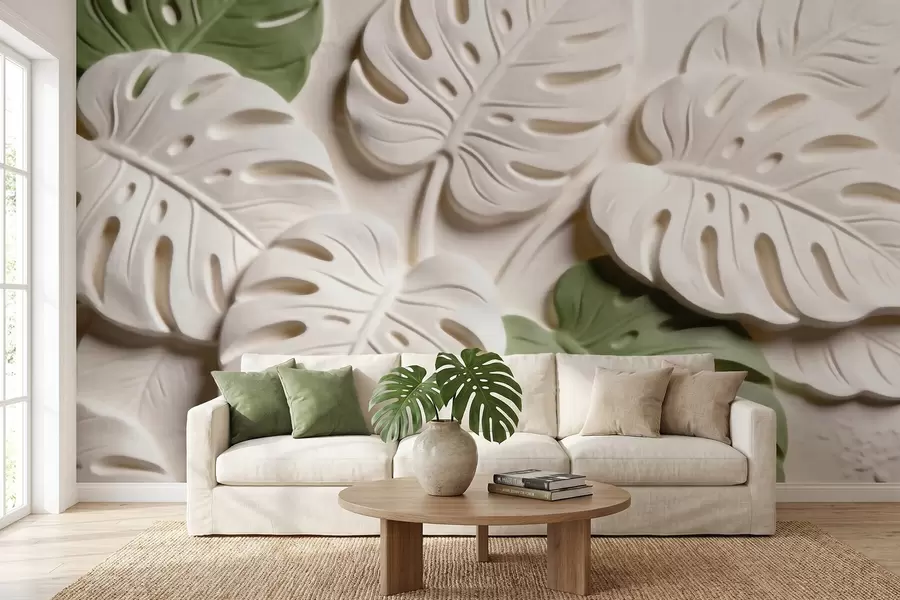 wall murals Рељефни ботанички листови монстере у крем и зеленим тоновима w09883