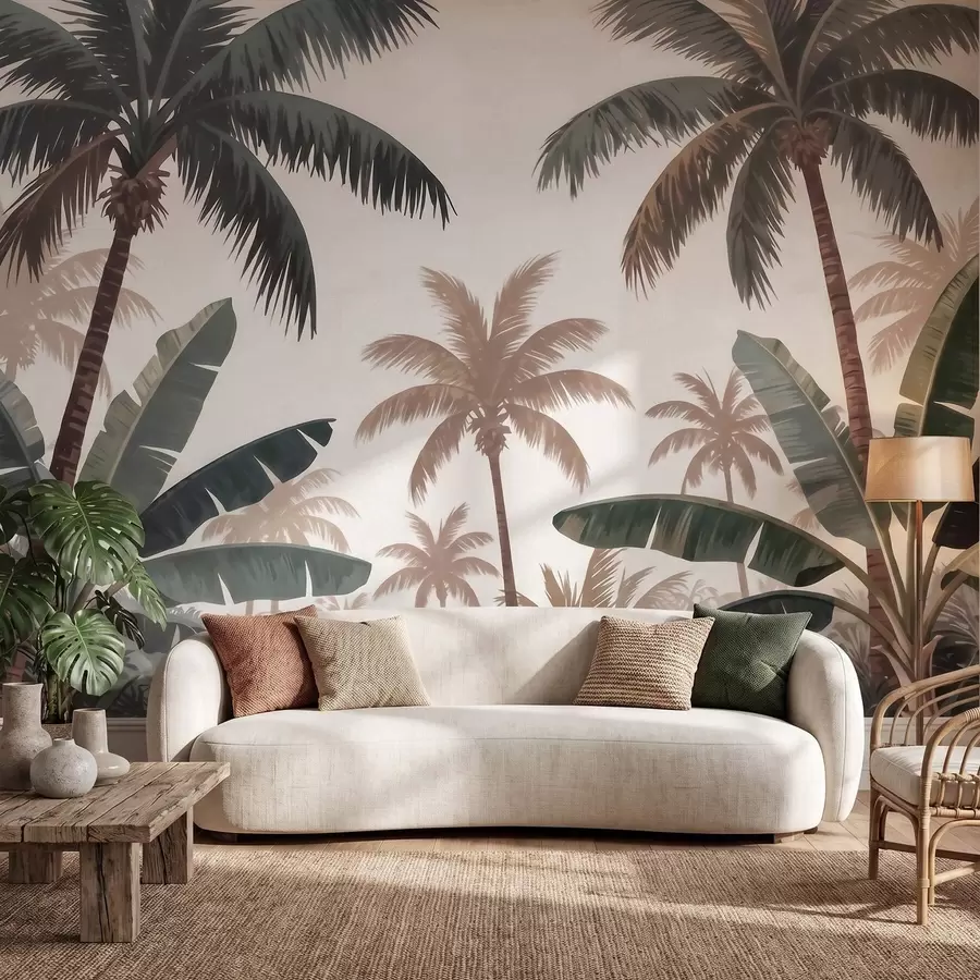 wall murals Тропске палме у мекој винтаге палети са магловитом јутарњом атмосфером w09884