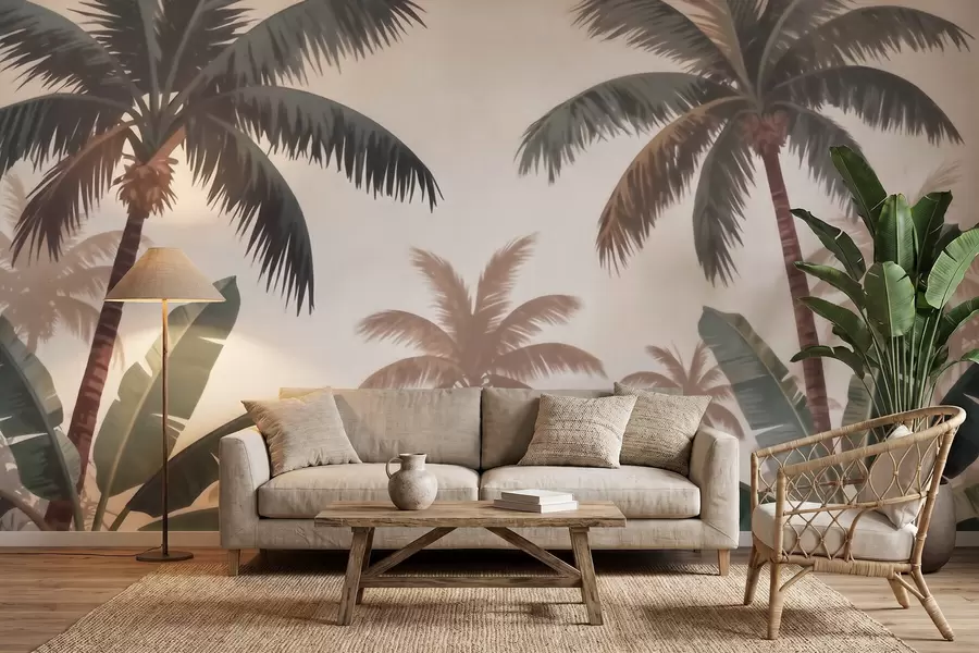 wall murals Тропске палме у мекој винтаге палети са магловитом јутарњом атмосфером w09884