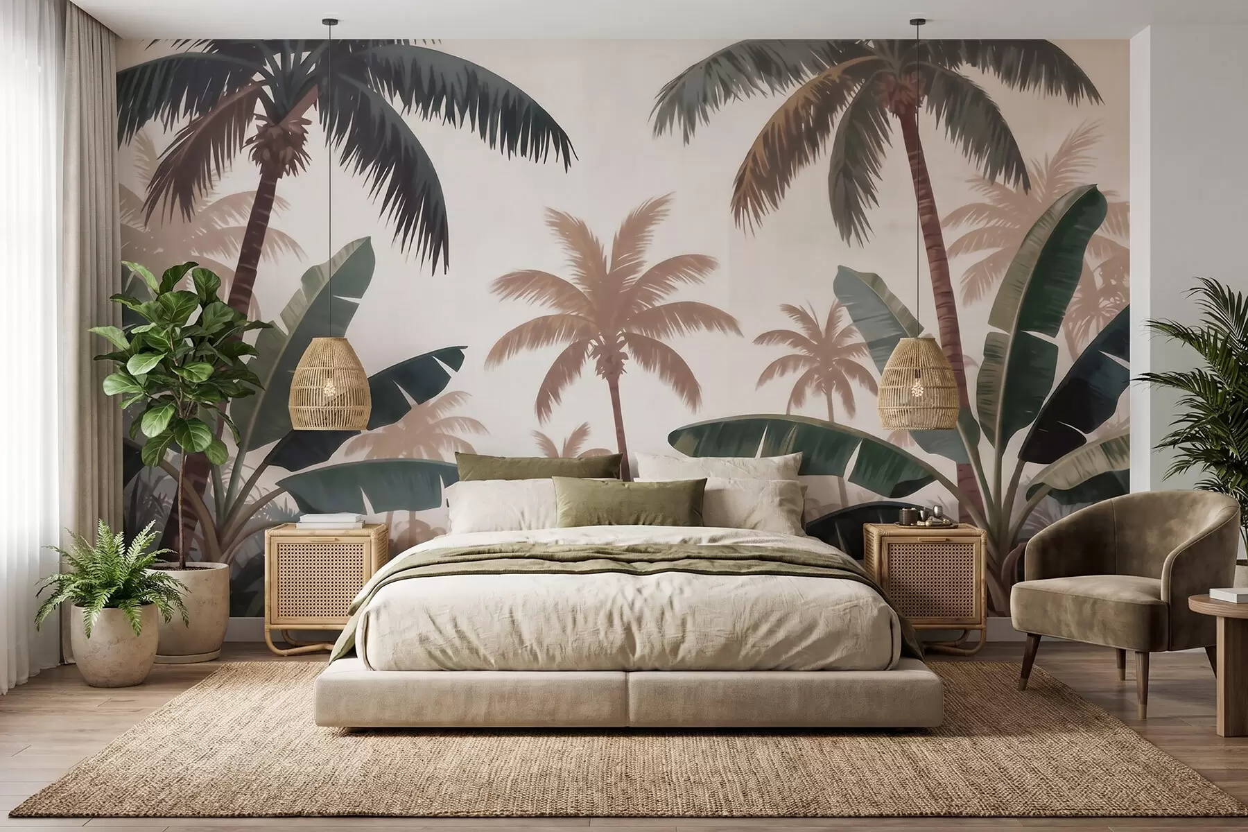 wall murals Тропске палме у мекој винтаге палети са магловитом јутарњом атмосфером w09884