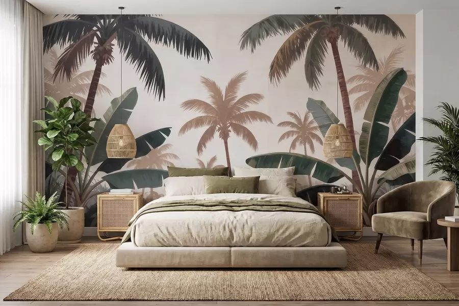 wall murals Тропске палме у мекој винтаге палети са магловитом јутарњом атмосфером w09884