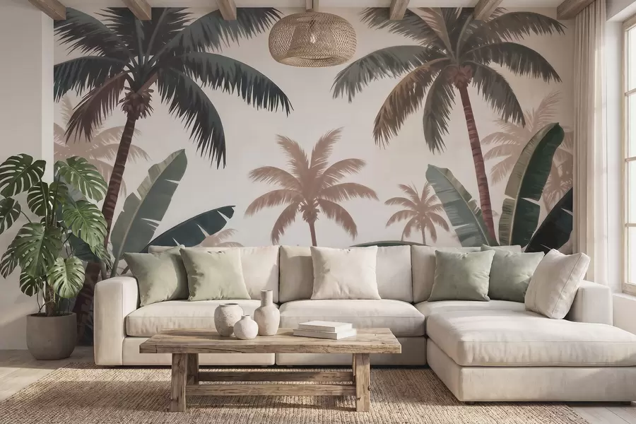 wall murals Тропске палме у мекој винтаге палети са магловитом јутарњом атмосфером w09884