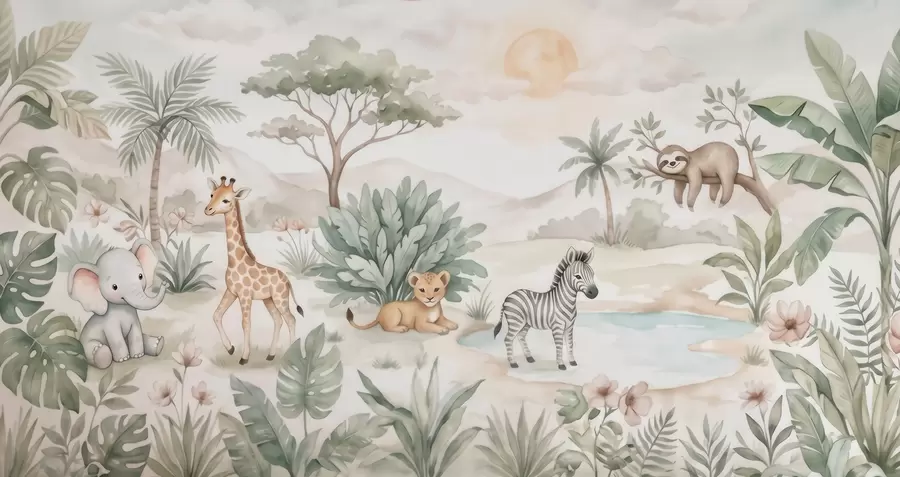 wall murals Акварелни сафари призор са животињама у нежним пастелним тоновима, укључујући жирафу, слонића, зебру и младунче лава w09888