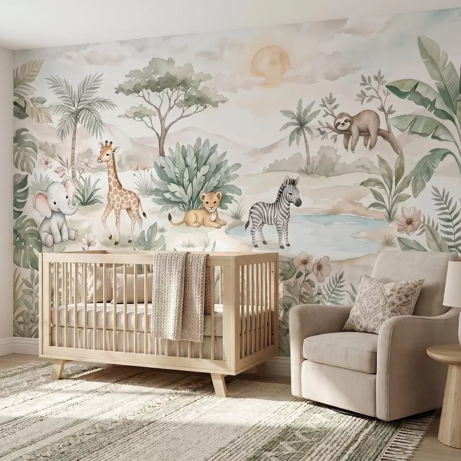 wall murals Акварелни сафари призор са животињама у нежним пастелним тоновима, укључујући жирафу, слонића, зебру и младунче лава w09888