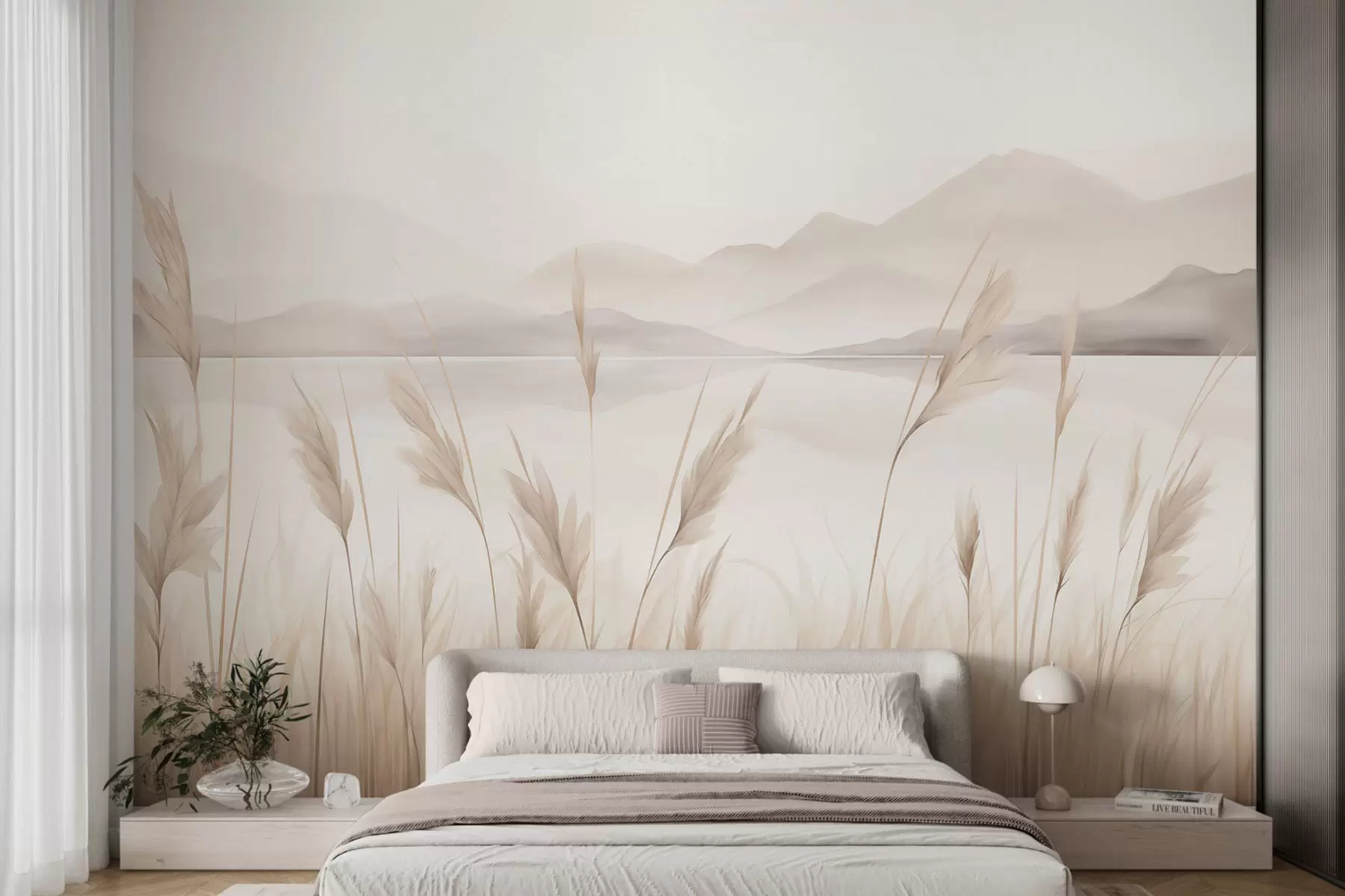 wall murals Трска поред језера са планинама у позадини, имитација слике w05704