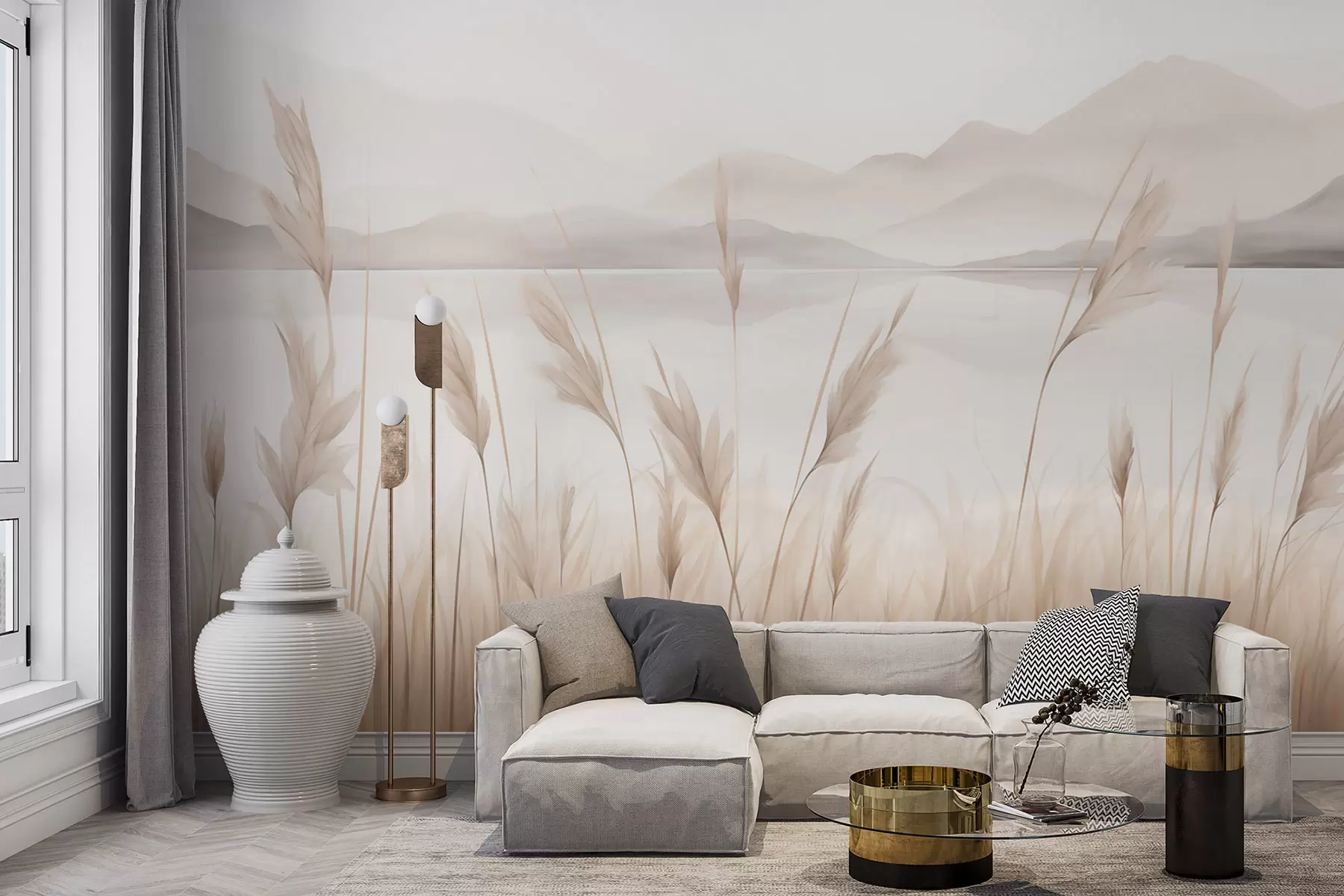 wall murals Трска поред језера са планинама у позадини, имитација слике w05704