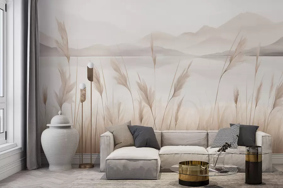 wall murals Трска поред језера са планинама у позадини, имитација слике w05704