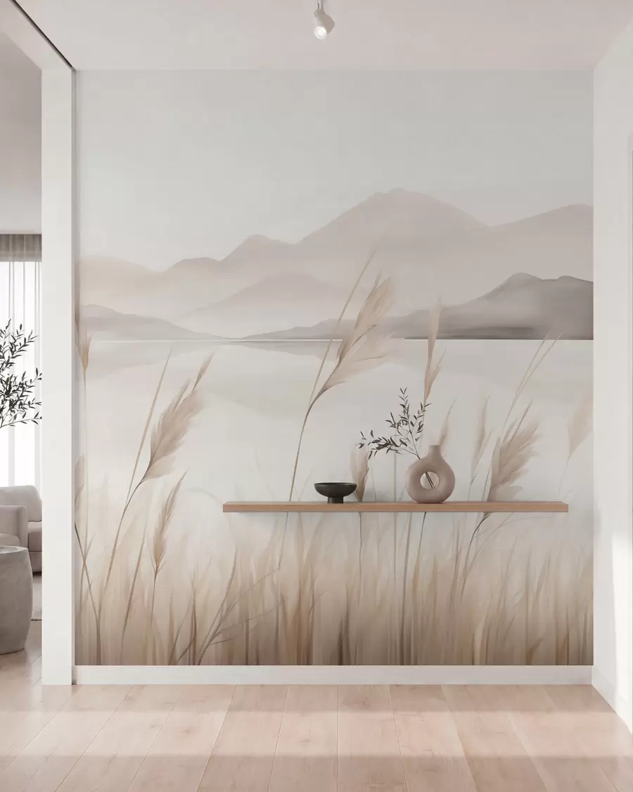 wall murals Трска поред језера са планинама у позадини, имитација слике w05704