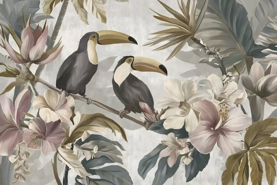 wall murals пар тукана усред тропског цвећа и лишћа w05657