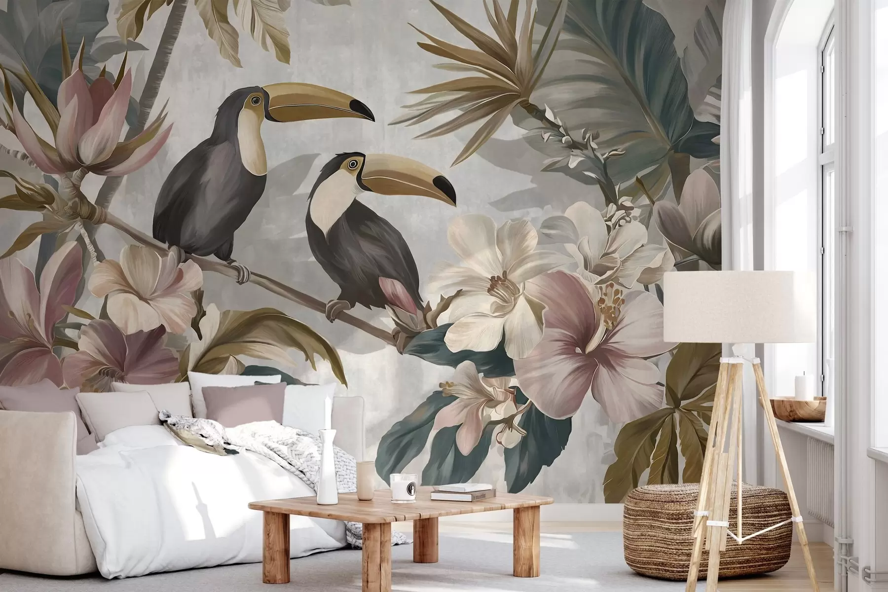 wall murals пар тукана усред тропског цвећа и лишћа w05657