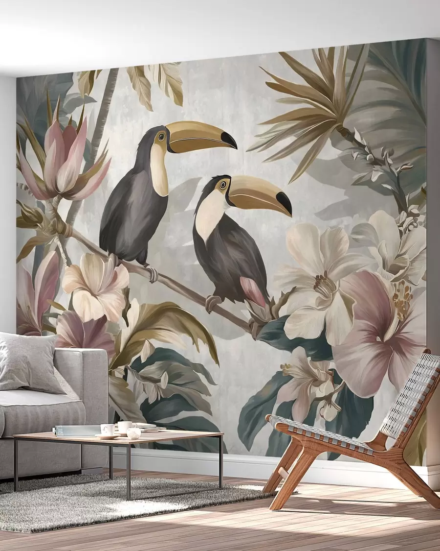 wall murals пар тукана усред тропског цвећа и лишћа w05657
