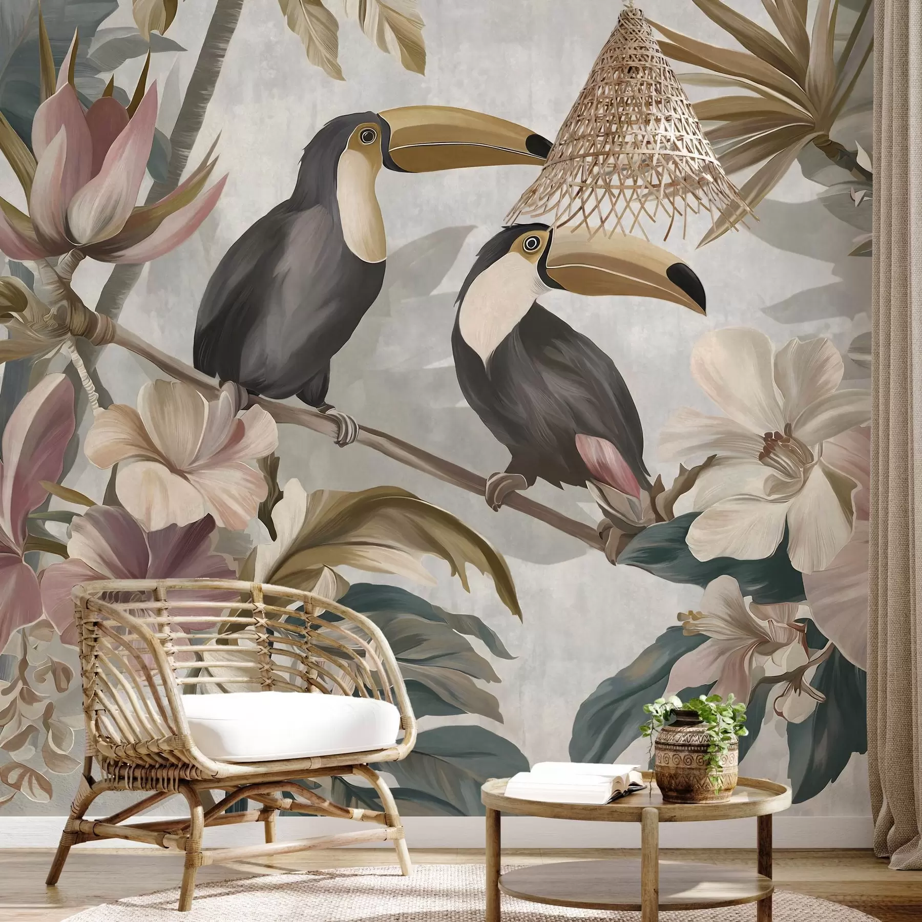 wall murals пар тукана усред тропског цвећа и лишћа w05657