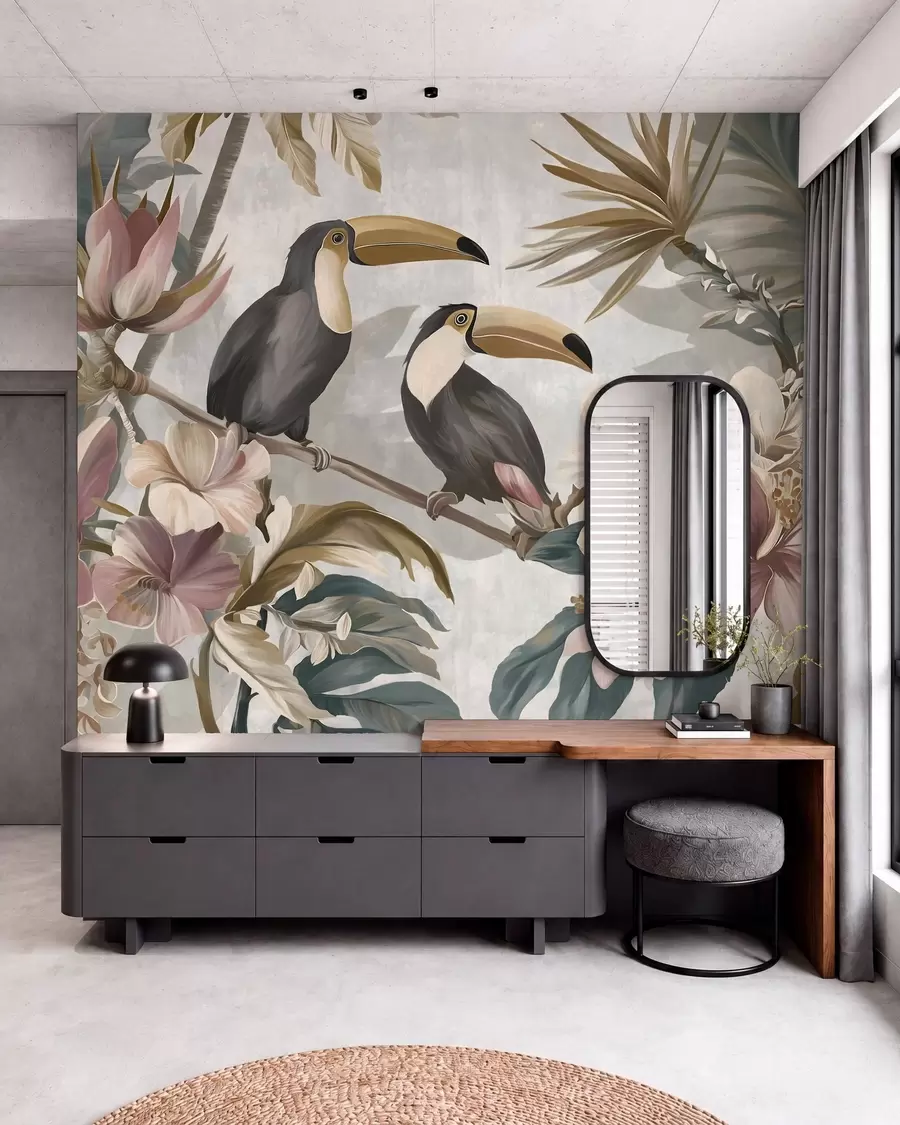 wall murals пар тукана усред тропског цвећа и лишћа w05657