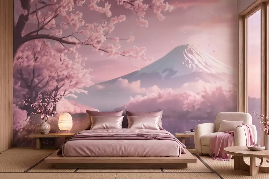 wall murals Спокојан јапански пејзаж са цветовима трешње и планинским језером при изласку сунца w09864