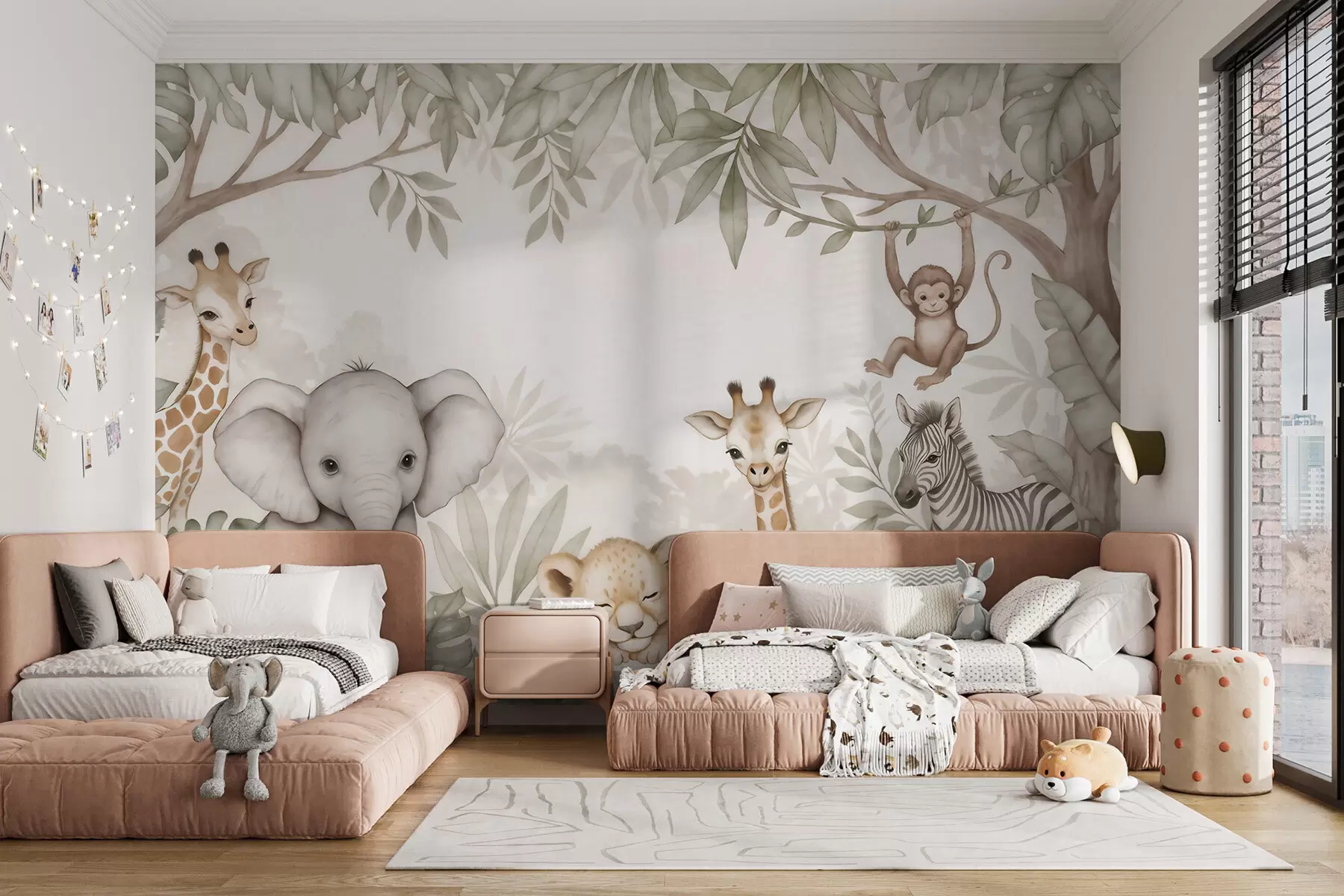 wall murals Преслатке сафари животиње међу тропским лишћем у акварелном стилу w09885