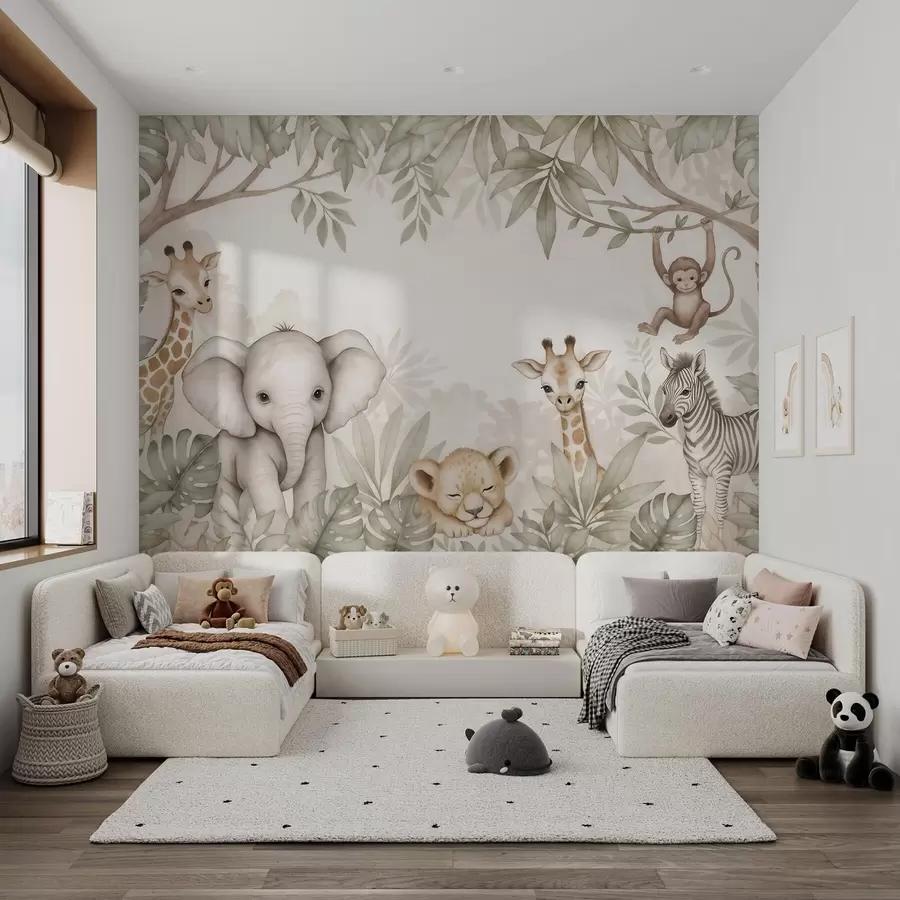 wall murals Преслатке сафари животиње међу тропским лишћем у акварелном стилу w09885