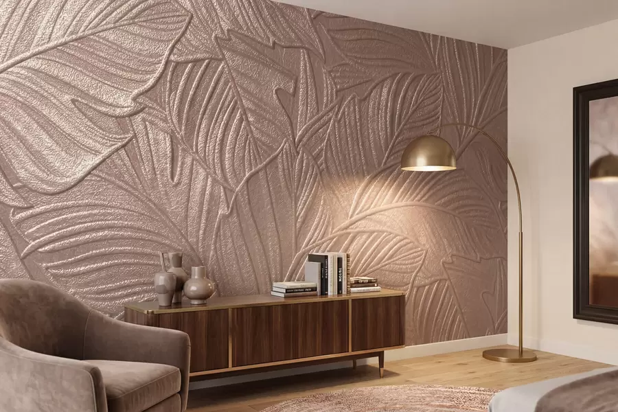 wall murals Рељефно тропско лишће са нежним рељефом у топлим беж тоновима w09886