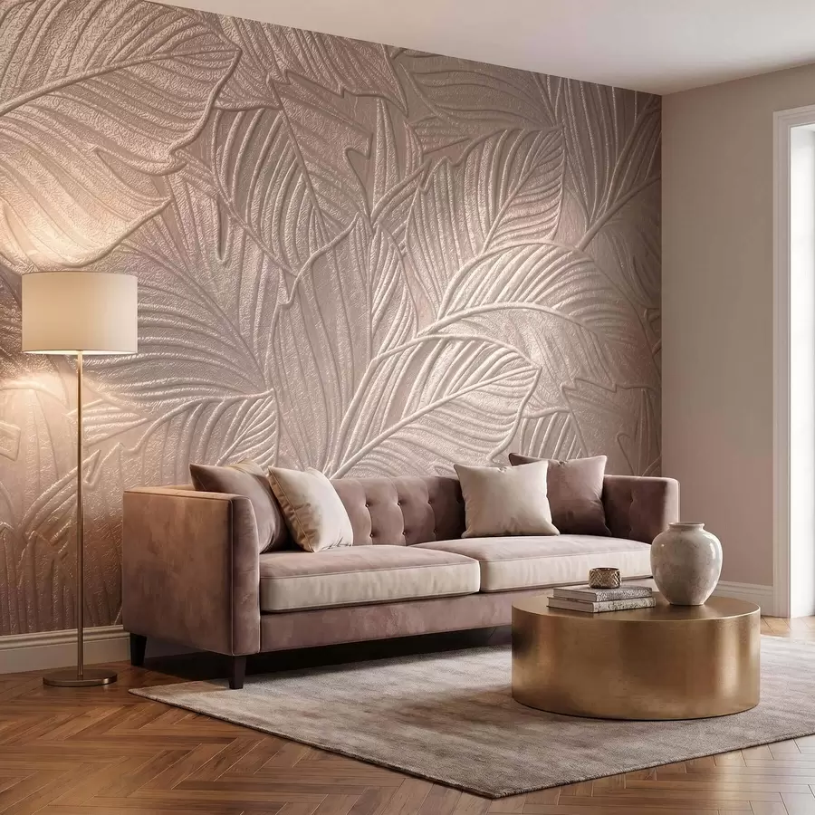 wall murals Рељефно тропско лишће са нежним рељефом у топлим беж тоновима w09886