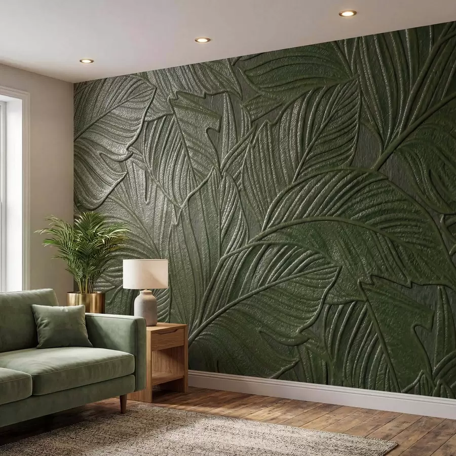 wall murals Рељефно тропско лишће са нежним рељефом у бујним зеленим тоновима w09886v1