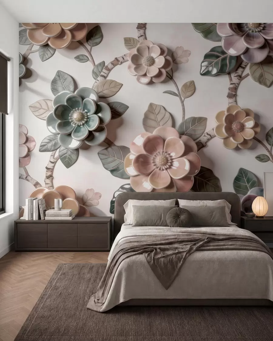 wall murals Тродимензионално керамичко цвеће у мекој пастелној палети w09887
