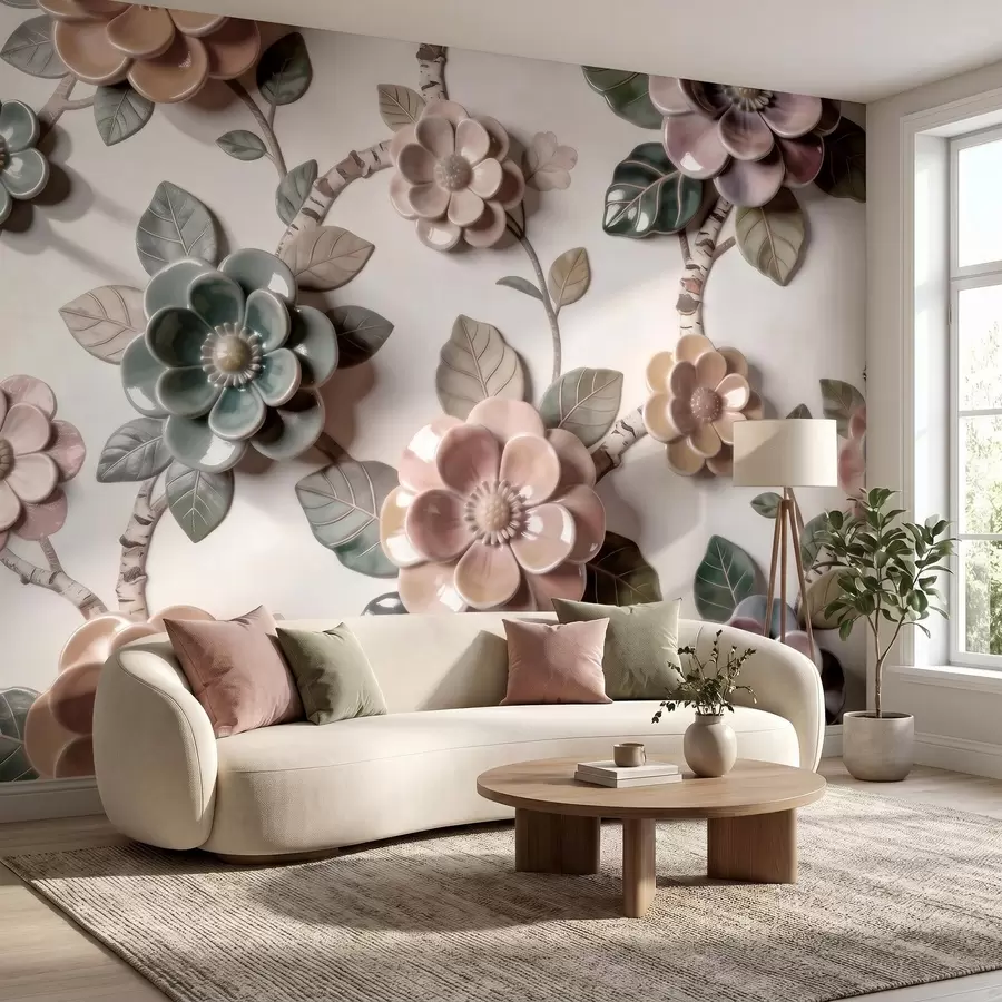 wall murals Тродимензионално керамичко цвеће у мекој пастелној палети w09887