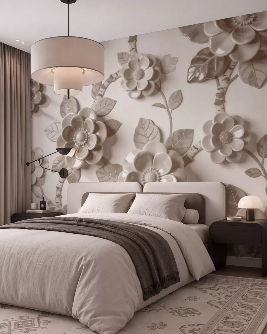 wall murals Елегантни беж аранжман од вајаног тродимензионалног цвећа w09887v1