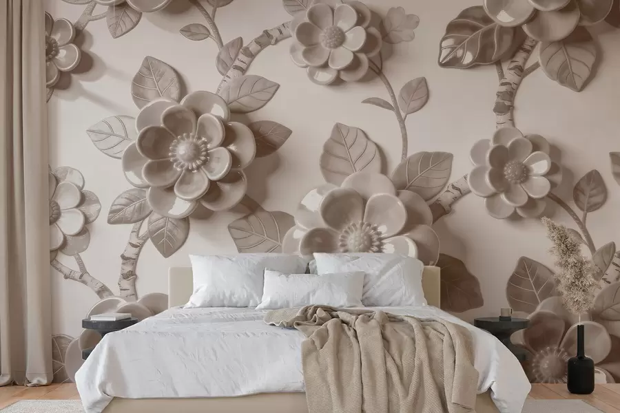 wall murals Елегантни беж аранжман од вајаног тродимензионалног цвећа w09887v1