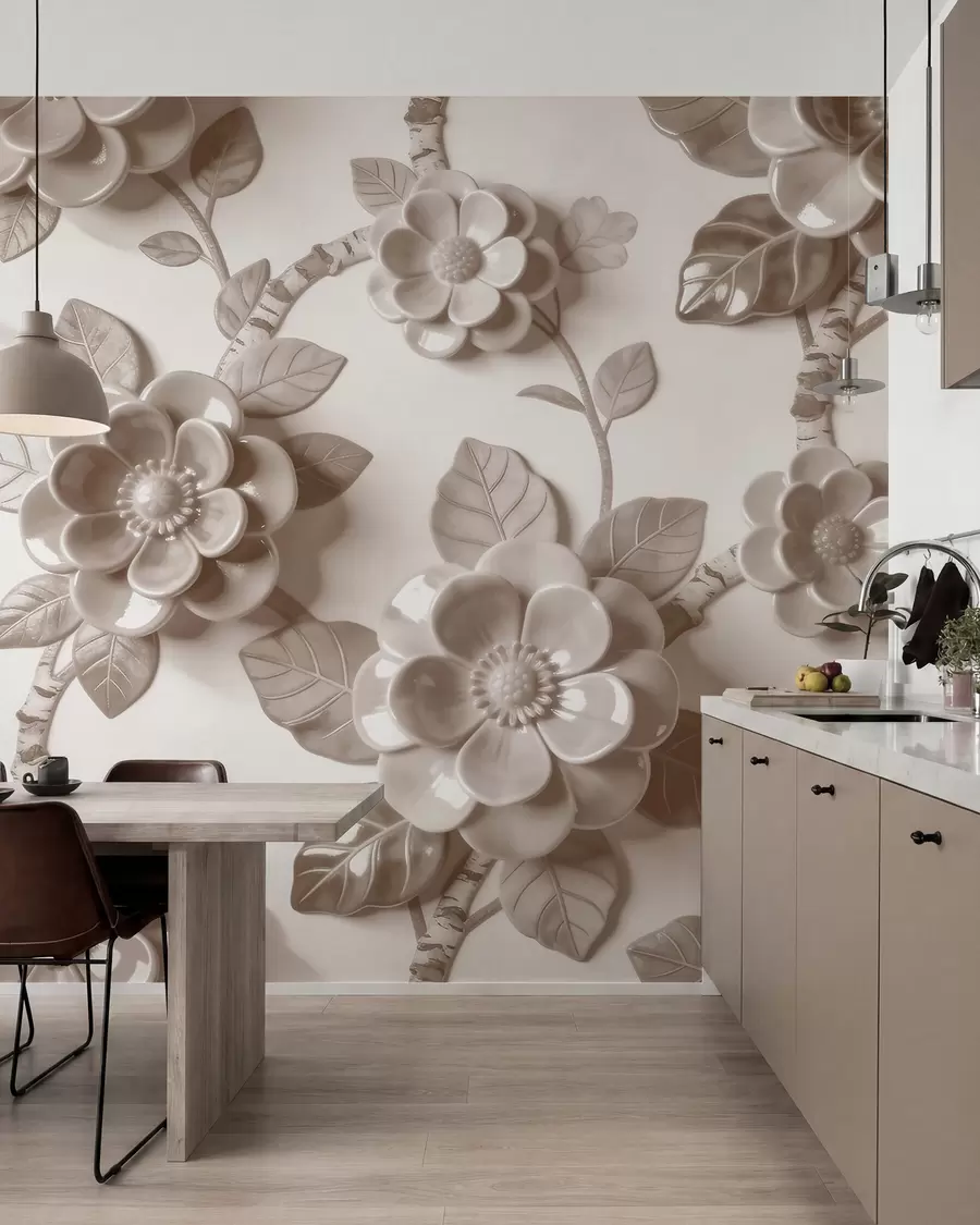 wall murals Елегантни беж аранжман од вајаног тродимензионалног цвећа w09887v1