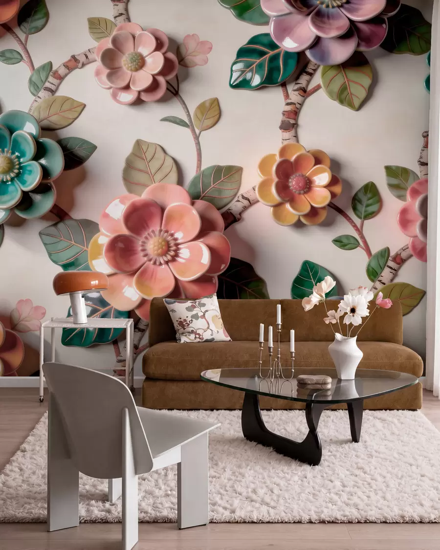wall murals Тродимензионално керамичко цвеће и лишће у живој палети боја w09887v2