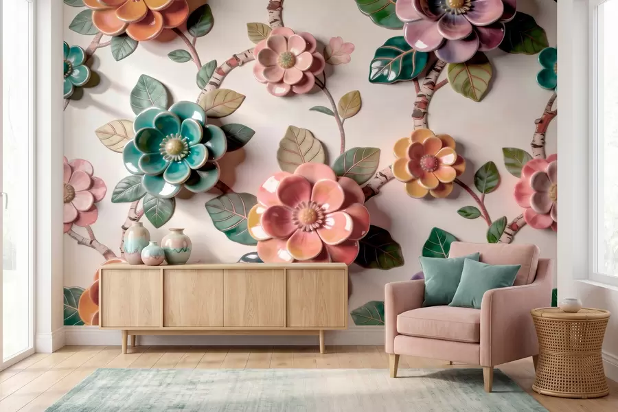 wall murals Тродимензионално керамичко цвеће и лишће у живој палети боја w09887v2