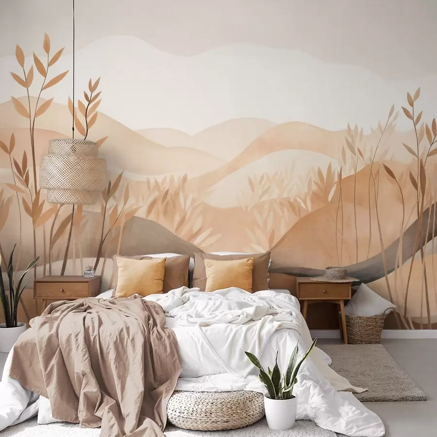 wall murals Апстрактни пејзаж са валовитим брдима у нијансама браон и беж, текстурирана уметност w09617