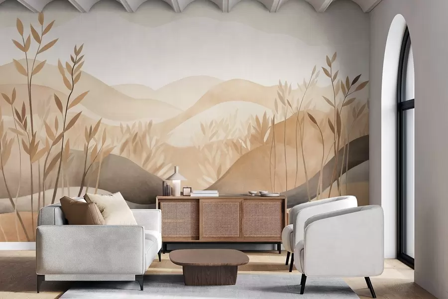 wall murals Апстрактни пејзаж са валовитим брдима у нијансама браон и беж, текстурирана уметност w09617