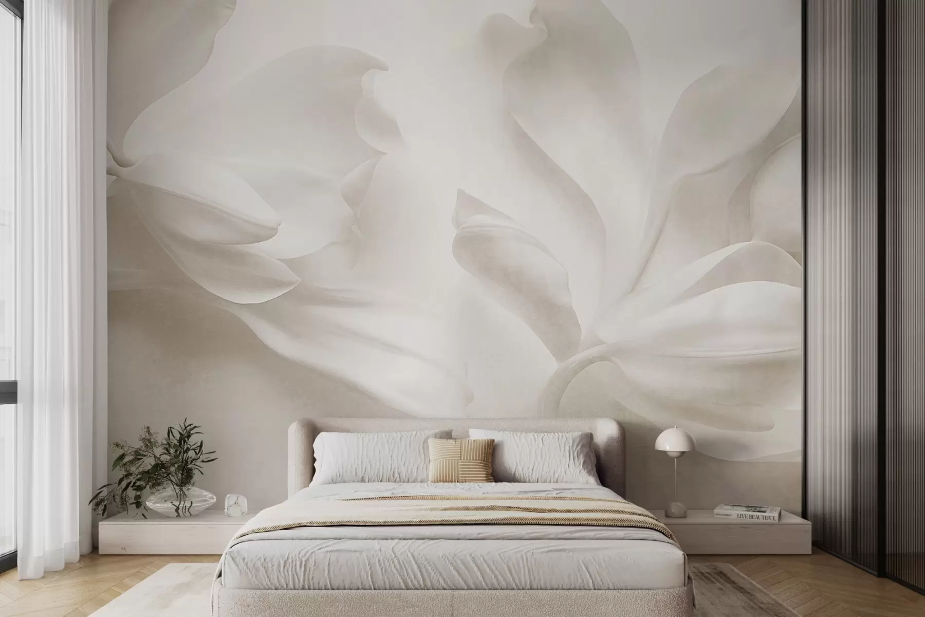 wall murals Текстурирани бели цветови магнолије са нежним латицама, замућена светла позадина w09771