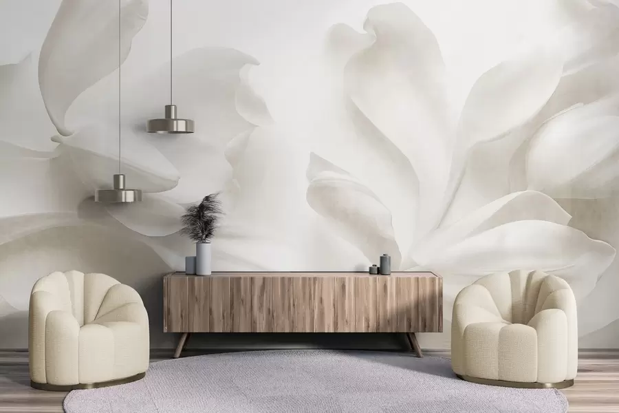 wall murals Текстурирани бели цветови магнолије са нежним латицама, замућена светла позадина w09771