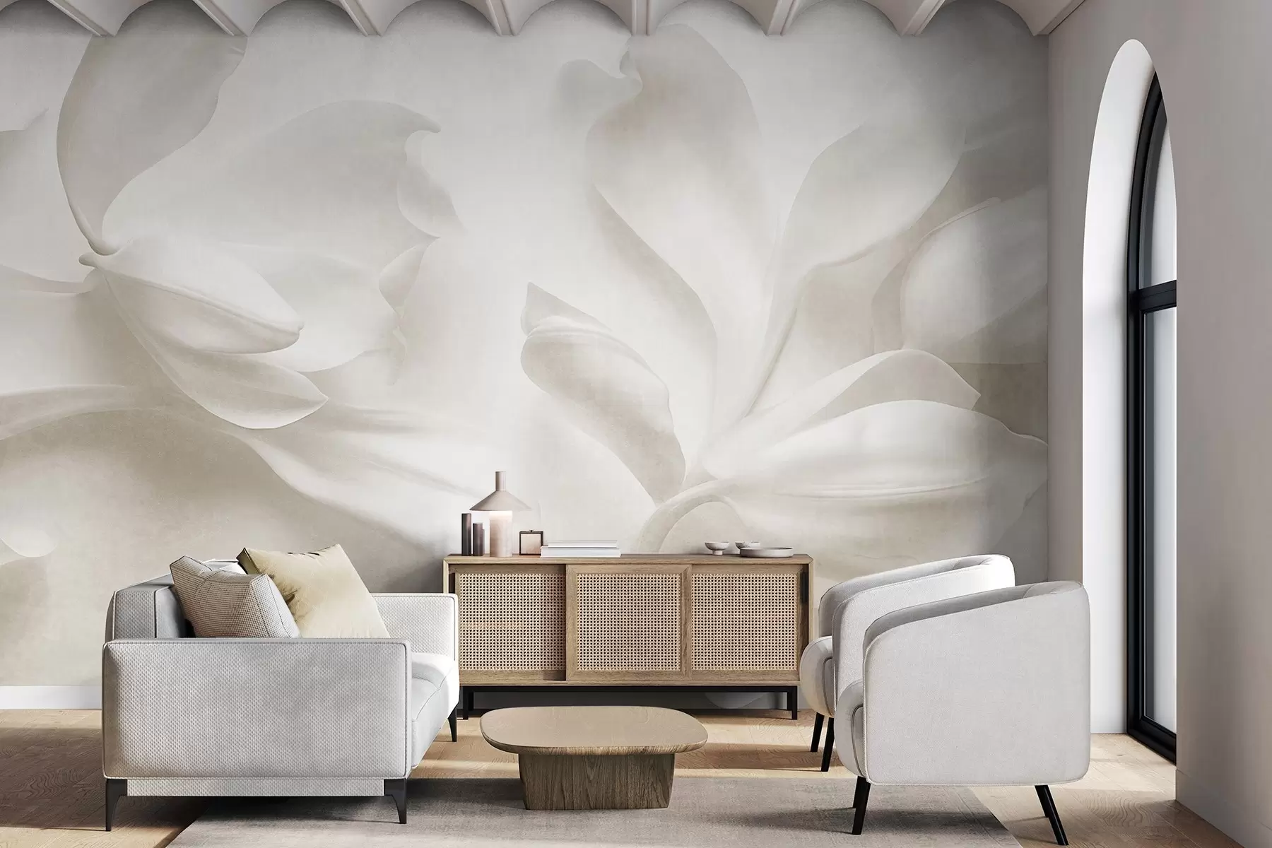 wall murals Текстурирани бели цветови магнолије са нежним латицама, замућена светла позадина w09771