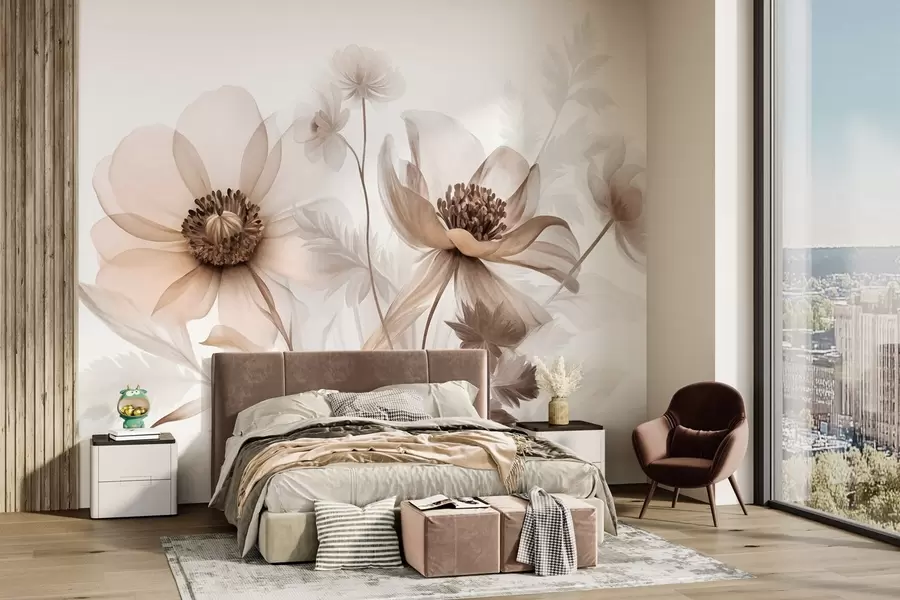 wall murals Велики, провидни, сепија цветови са нежним латицама, пернатим листовима и мањим цветовима w09900