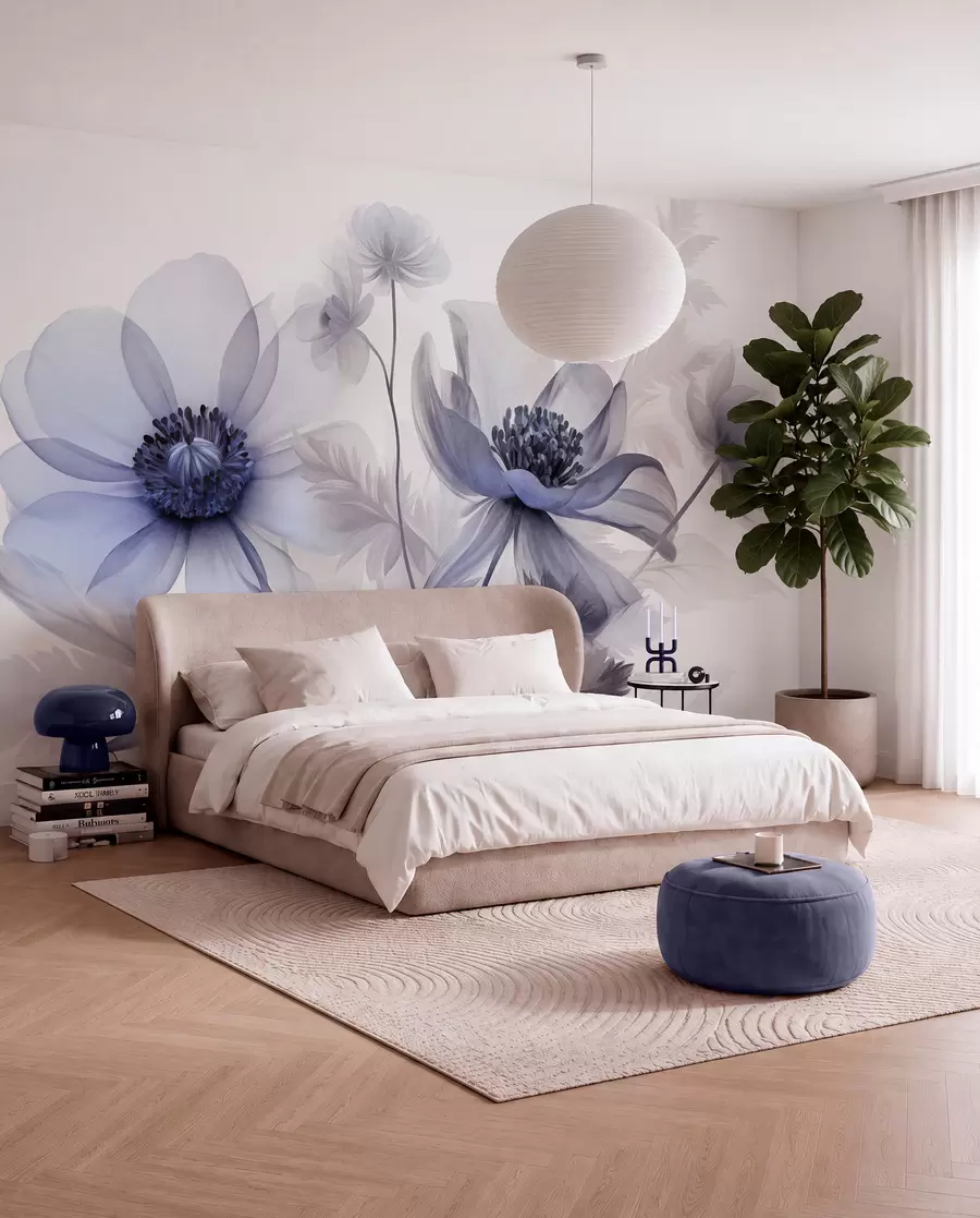 wall murals Велики, провидни, плавкасти цветови са нежним латицама, пернатим листовима и мањим цветовима w09900v1