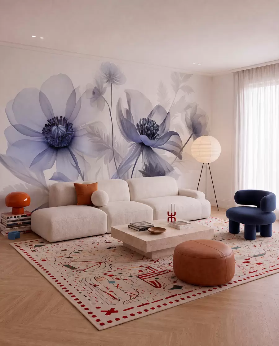 wall murals Велики, провидни, плавкасти цветови са нежним латицама, пернатим листовима и мањим цветовима w09900v1