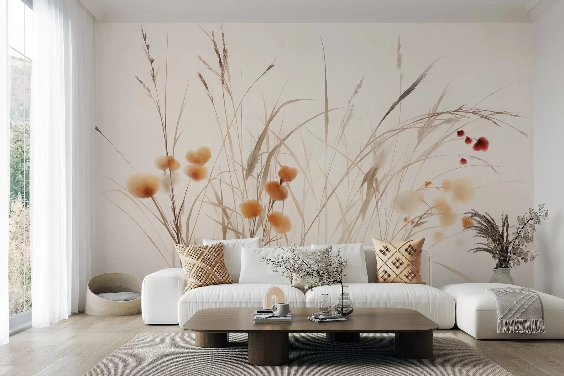 wall murals Високе траве и мало наранџасто дивље цвеће на бледој позадини, текстурирани бохо стил w09902