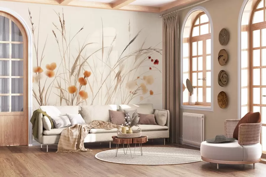 wall murals Високе траве и мало наранџасто дивље цвеће на бледој позадини, текстурирани бохо стил w09902